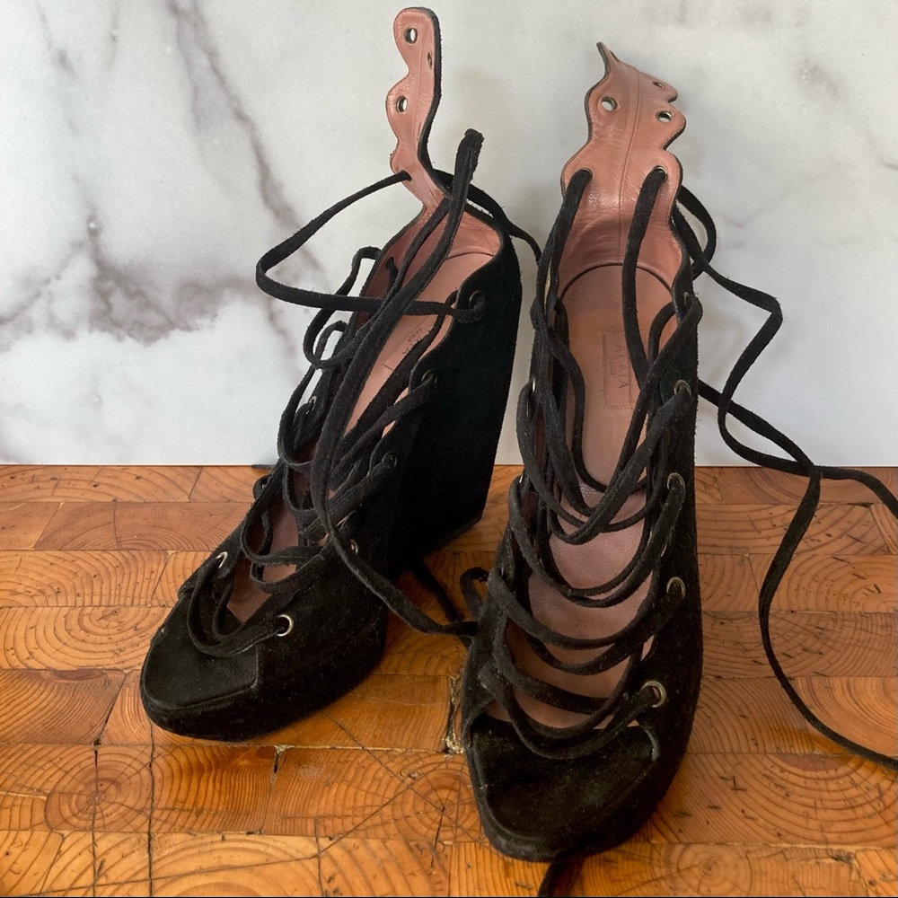 Vintage Black Suede Alaia Corset Laced Platforms